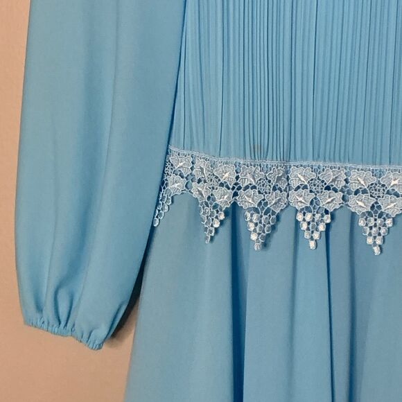 Vtg 80s Blue Midi Dress S-M Blouson White Lace 70s Mother of Bride Boston Maid - Picture 6 of 12